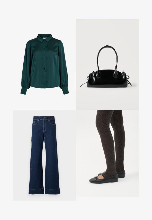 Dunkelgrüne Satinbluse mit kragen, Knöpfen auf der Vorderseite und puffärmeln. Sie hat eine glatte Textur und eine figurbetonte Silhouette.; Weite dunkelblaue Jeans aus Denim. Verfügt über ein klassisches Fünf-Taschen-Design, einen Knopfverschluss und umgeschlagene Saumdetails.; Beine in dunklen, gerippten Leggings kombiniert mit schwarzen Ballerinas mit kleinen Schleifendetails auf weißem Hintergrund.; Kleine schwarze glänzende Handtasche mit zwei langen Griffen und seitlichen Kordelzug-Details vor einfachem hellem Hintergrund.