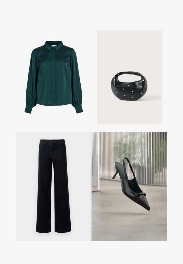 Mørkegrøn satinbluse med krave, frontknapper og puflange ærmer. Har en glat tekstur og en tætsiddende silhuet.; Bredde ben sorte denim jeans med høj talje, der har standardlommer og knaplukning. Glat tekstur med en let stræk.; Sort tekstureret læder slingback højhælet sko med spids tå og lille dekorativ spænde, svævende over en glat gulv.; Sort læderhåndtaske med en rundet form, dekoreret med sølvnitter, og et kort håndtag. Glat tekstur og lynlåslukning.