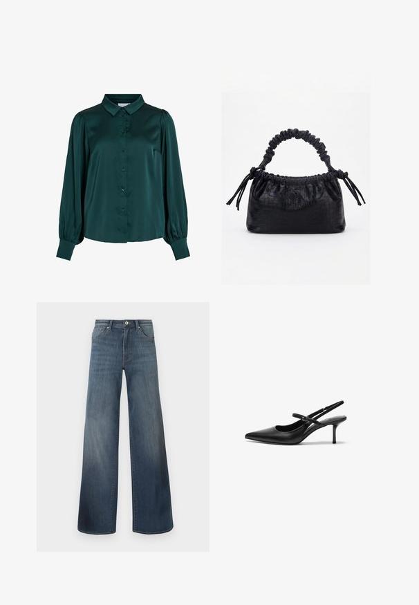Mørkegrøn satinbluse med krave, frontknapper og puflange ærmer. Har en glat tekstur og en tætsiddende silhuet.; Bredde denim jeans i mørkeblå, med en slidteknik, knaplukning og fem-lomme stil. Glat tekstur, minimal syning detaljer.; Sorte læder slingback hæle med spids tå, slank justerbar rem og en stiletto hæl på cirka 5 cm, glat tekstur.; Sort taske med krokodilletekstur, rynket øverste kant, samlet hank og snore med kvaster på hver side mod en hvid baggrund.