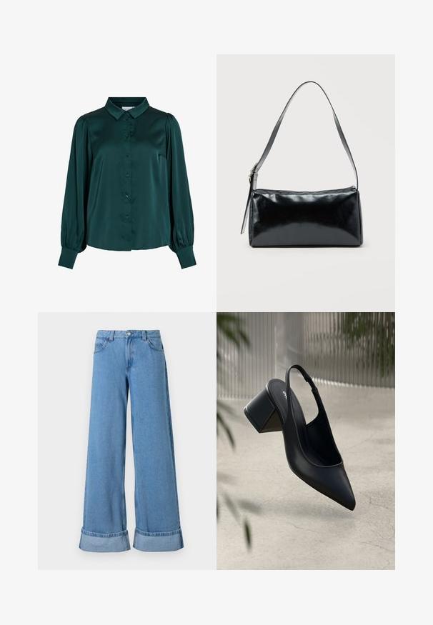Dunkelgrüne Satinbluse mit kragen, Knöpfen auf der Vorderseite und puffärmeln. Sie hat eine glatte Textur und eine figurbetonte Silhouette.; Hellblaue Denim-Jeans im weiten Schnitt mit hoher Taille, umgeschlagenen Säumen, fünf Taschen, und einem Knopfverschluss mit Reißverschluss.; Schwarze Leder-Slingback-Pumps mit spitzem Zehenbereich und Blockabsatz. Glatte Textur, minimalistisches Design und verstellbarer Knöchelriemen.; Schwarze rechteckige Schultertasche mit einem verstellbaren Riemen und einem oberen Reißverschluss vor einfachem Hintergrund.