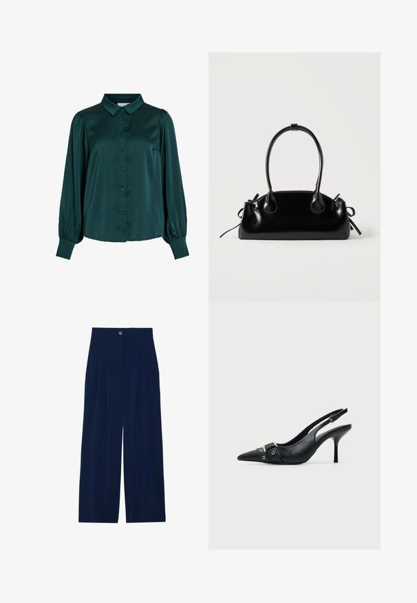 Blusa de satén verde oscuro con cuello tipo americana, botones en el frente y mangas largas abullonadas. Presenta una textura suave y una silueta entallada.; Pantalones de pierna ancha color azul marino, hechos de material suave, con pliegues en el frente, cierre de botón y dos bolsillos laterales.; Zapato de tacón alto tipo slingback de piel negra con puntera puntiaguda, con hebilla y detalle de tira con ojetes en la parte delantera.; Pequeño bolso negro brillante con dos asas largas y detalles de cordón lateral sobre un fondo claro liso.