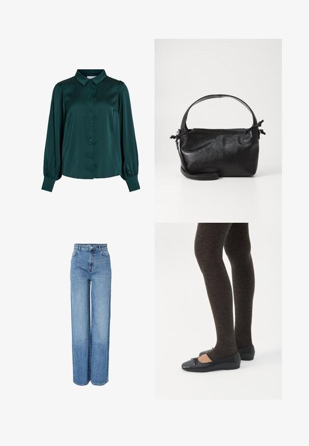 Donkergroene satijnen blouse met een kraag, knopen aan de voorkant en vermoedelijke lange mouwen. Heeft een gladde textuur en een getailleerde pasvorm.; Blauwe denim jeans met hoge taille en rechte pijpen, voorzien van knoop- en ritssluiting aan de voorkant, ceintuurlussen, en voor- en achterzakken.; Benen met donkere geribbelde leggings gecombineerd met zwarte ballerina's met kleine strikdetails op een witte achtergrond.; Zwarte leren handtas met een gestructureerd ontwerp, een ronde bovenhandgreep en een afneembare schouderriem. Beschikt over een gladde textuur en een subtiele glans.