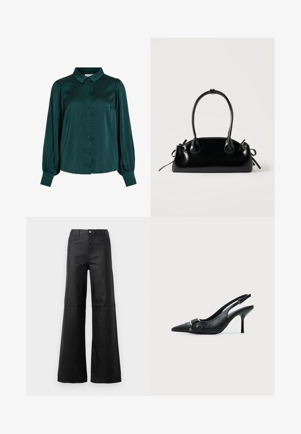 Mørkegrøn satinbluse med krave, frontknapper og puflange ærmer. Har en glat tekstur og en tætsiddende silhuet.; Sorte brede jeans lavet af glat denim, med knaplukning, forlommer og højtaljede design.; Sort læder højhælet sko med spidst tåparti, slingback og rem med spænde og nitter foran.; Lille sort blank håndtaske med to lange håndtag og snøre-detaljer i siden på en ensfarvet lys baggrund.