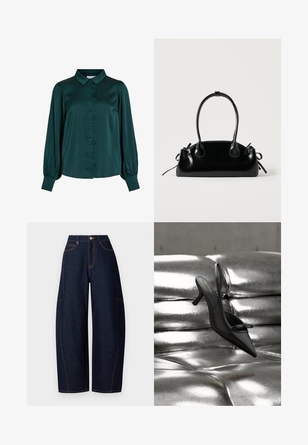 Mørkegrøn satinbluse med krave, frontknapper og puflange ærmer. Har en glat tekstur og en tætsiddende silhuet.; Bredde ben mørkeblå denimbukser med kontrasterende orangetråd, fem lommer og en knap- og lynlåslukning i taljen.; Sort spids tå slingback-sko med hæl og en lille sløjfe, der hviler på skinnende sølv tuftet læderpolstring.; Lille sort blank håndtaske med to lange håndtag og snøre-detaljer i siden på en ensfarvet lys baggrund.