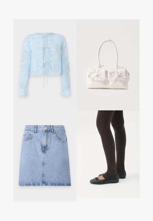 Lichtblauwe cropped blouse van doorschijnende stof met een textuur die doet denken aan veren. Heeft lange mouwen en een sluiting met een strik aan de voorkant.; Lichtblauwe denim rok met een vijf-pocket ontwerp, sluiting met knoop en rits aan de voorkant, en een onafgewerkte zoom. Soepele textuur met lichte vervaging.; Benen met donkere geribbelde leggings gecombineerd met zwarte ballerina's met kleine strikdetails op een witte achtergrond.; Witte synthetische handtas met twee voorzakken, elk voorzien van een gebonden strikdetail. Soepele textuur, afgeronde handgrepen en een ritssluiting.