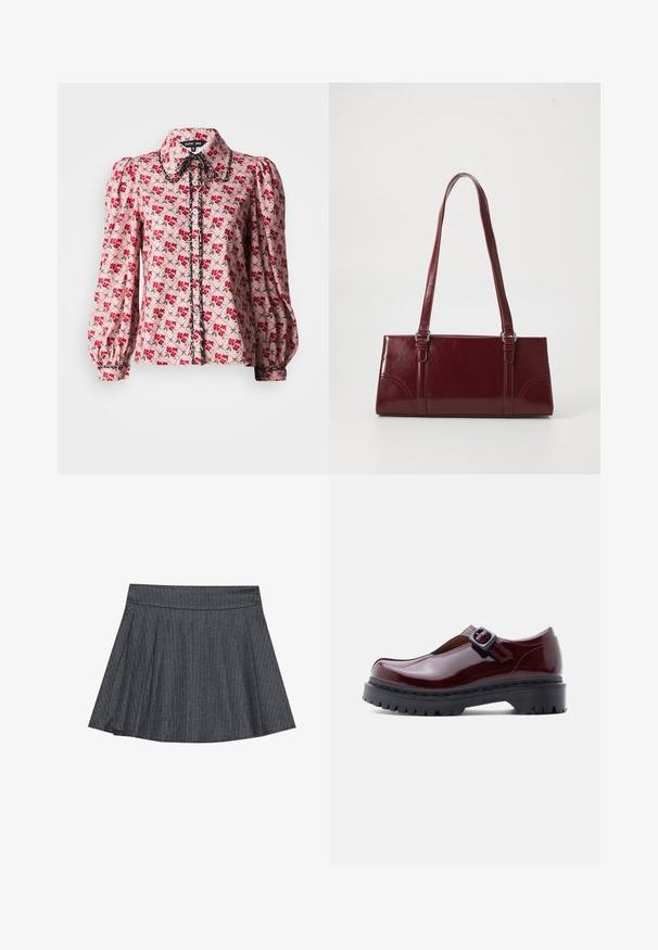 Bloemige blouse van roze stof met rode en groene bloemenpatronen. Puffmouwen, een kraag en een knoopsluiting aan de voorkant met contrasterende details.; Grijze pinstriped skaterrok met een aansluitende tailleband, uitlopende A-lijnvorm en zachte stoftextuur. Verticale lijnen vergroten de visuele belangstelling.; Bordeauxrode lakleren schoen met een ronde neus, verstelbare gesp en een dikke zwarte plateauzool met een geribbelde textuur.; Bourgondische handtas van glanzend materiaal, rechthoekige vorm, met twee schouderbanden en subtiele gebogen accenten aan de voorkant.