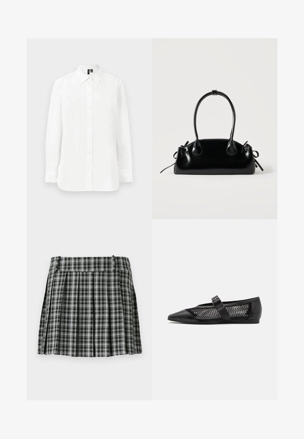 Chemise blanche à manches longues avec boutons, col pointu, poignets standards et ourlet droit sur fond clair uni.; Jupe plissée à carreaux noir et blanc avec une taille lisse et de multiples plis verticaux. Fabriquée en tissu léger.; Chaussure plate noire avec un bout pointu, panneaux latéraux en maille et une sangle avec une boucle décorative. Fini lisse sur les sections du bout et du talon.; Petit sac à main noir brillant avec deux longues anses et des détails à cordon sur les côtés sur un fond clair uni.
