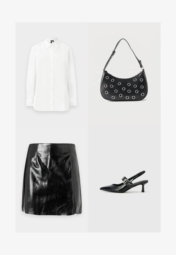 Camisa blanca de manga larga con botones, cuello puntiagudo, puños estándar y dobladillo recto sobre un fondo claro y liso.; Mini falda de cuero sintético negro brillante con detalles de costura sutiles y una ligera abertura frontal sobre un fondo blanco.; Zapatos de tacón en charol negro con tira al tobillo, punta afilada y un pequeño tacón bloque, que cuentan con un acento de hebilla plateada en la correa.; Bolso de hombro de cuero negro con correa ajustable, adornos de ojales metálicos plateados y cierre superior con cremallera.