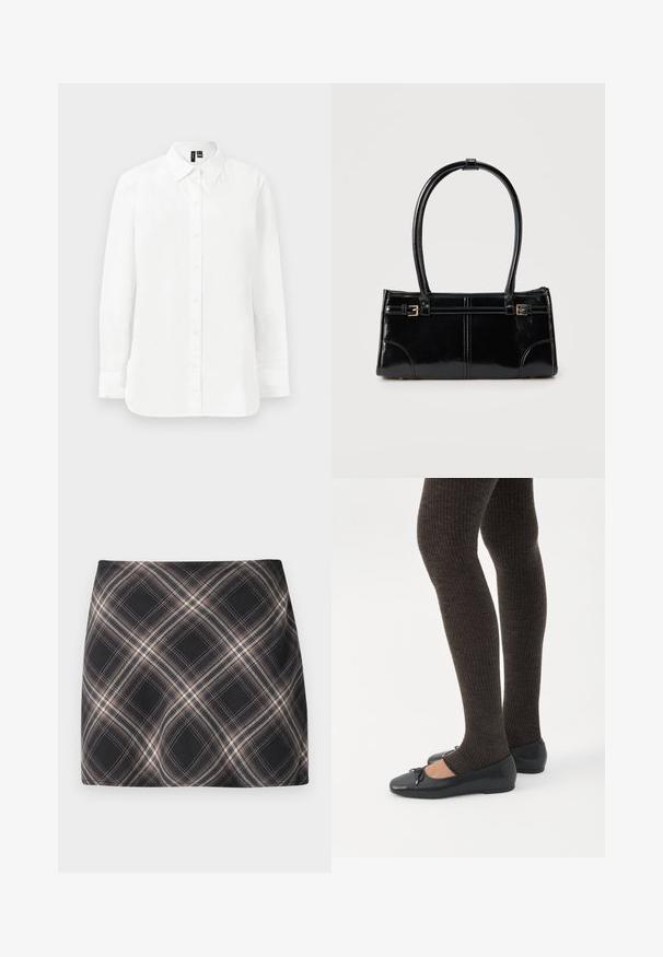 Chemise blanche à manches longues avec boutons, col pointu, poignets standards et ourlet droit sur fond clair uni.; Jupe mini à carreaux noir et beige avec un motif à checks diagonal, taille ajustée et texture de tissu lisse.; Jambes portant des leggings côtelés foncés associés à des ballerines noires avec de petits détails en nœud sur fond blanc.; Sac à main rectangulaire noir brillant avec deux fines bretelles et petits détails de boucles dorées à l'avant.