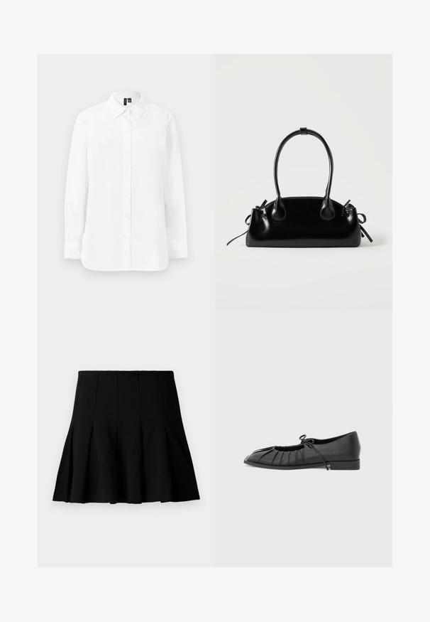 Chemise blanche à manches longues avec boutons, col pointu, poignets standards et ourlet droit sur fond clair uni.; Jupe noire courte plissée en tissu lisse. Dispose d'une taille élastique et d'une silhouette évasée qui s'étend jusqu'au milieu de la cuisse.; Chaussure plate noire avec design plissé à l'avant et un nœud noué sur le dessus, petit talon, et texture lisse sur un fond gris clair.; Petit sac à main noir brillant avec deux longues anses et des détails à cordon sur les côtés sur un fond clair uni.