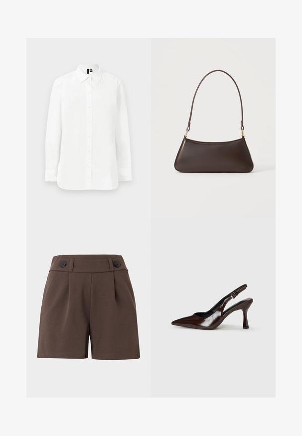 Chemise blanche à manches longues avec boutons, col pointu, poignets standards et ourlet droit sur fond clair uni.; Shorts bruns en tissu texturé, avec une taille haute, des plis et deux boutons noirs à l'avant. Conception taillée avec des poches latérales.; Talons slingback en cuir verni brun avec un bout pointu, un talon fin, et une sangle réglable avec une petite boucle.; Sac à main en cuir marron foncé avec une fermeture éclair incurvée en haut et une fine bandoulière avec des fermoirs dorés sur un fond uni.