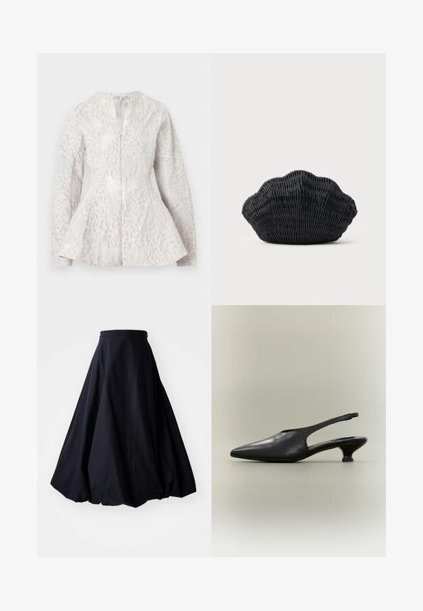 Hvit blazer med lange ermer, subtilt blomstermønster i tekstur, innsvingt midje og litt utsvingt kant, glidelåslukking foran.; By Malene Birger AUBREY - Maxiskjørt - black; Svart lær slingback-sko med spiss tå og lav kittenhæl på nøytral bakgrunn.; Svart flettet håndveske formet som en kamskjell med buet topp og vevd tekstur på ensfarget bakgrunn.