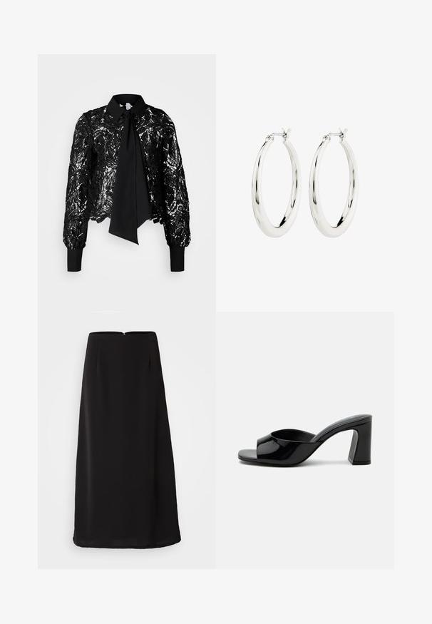 Vero Moda Tall VMEDA SHORT BOW SHIRT - Blouse - black; Zwarte midi-rok met een gladde textuur, rechte silhoutte en een ritssluiting aan de achterkant. Bevat subtiele plooien voor extra detail en beweging.; Zwarte lakleren mule met open teen, brede band en een grove middelhoge blokhak op een witte achtergrond.; Zilveren oorbellen in de vorm van een gladde, glanzende ring. Circulaire vorm, voorzien van een veilige sluiting. Eenvoudig en elegant ontwerp.