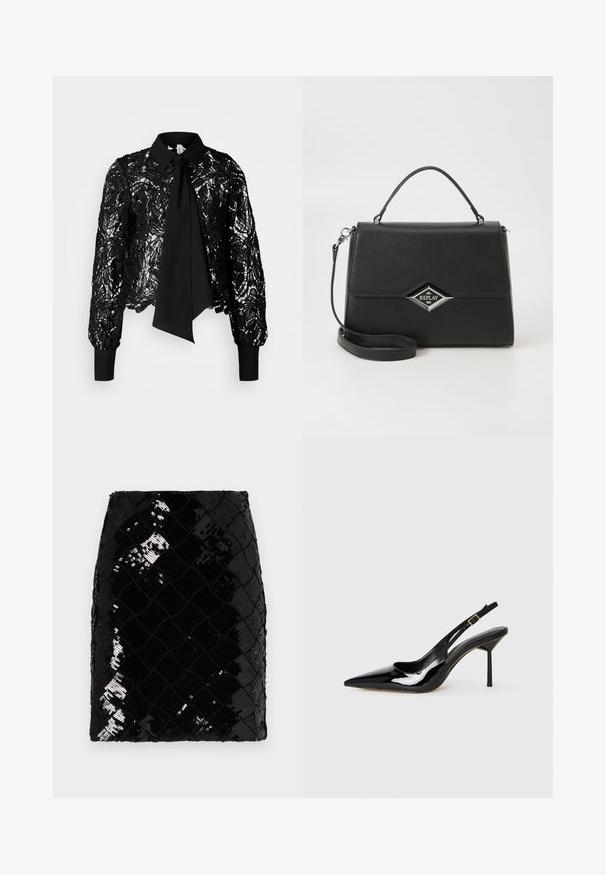 Vero Moda Tall VMEDA SHORT BOW SHIRT - Blouse - black; Zwarte pailletten minirok met een diamantenpatroon, met een gestructureerd oppervlak en een getailleerde silhoeët. Eenvoudige tailleband bovenaan.; Zwarte gepatineerde leren spitse slingback stiletto hak schoen met een dunne band en gouden gesp op een witte achtergrond.; Zwarte synthetische handtas met een gestructureerd ontwerp, bovenhandvat, afneembare schouderriem en zilveren diamantvormig logo aan de voorkant.