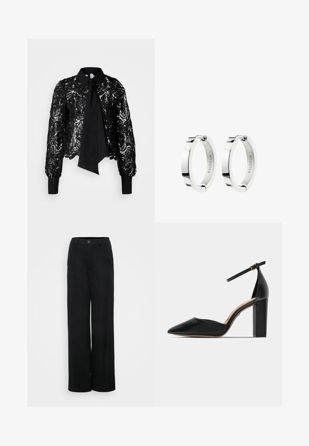Vero Moda Tall VMEDA SHORT BOW SHIRT - Pluus - black; Mustavad laiad püksid siledast kangast, millel on nööpidega kinnistus ja ees taskud. Klassikaline, mitmekülgne disain sobib erinevateks juhtudeks.; Must musta kõrge kontsaga king, millel on pahkluu rihm, terav varvas ja ruudukujuline jäme konts. Sile tekstuur ja minimalistlik disain.; Poleeritud hõbedast rõngakujulised kõrvarõngad hingklambriga, siseküljel graveeritud kaubamärgi nimi "PILGRIM".