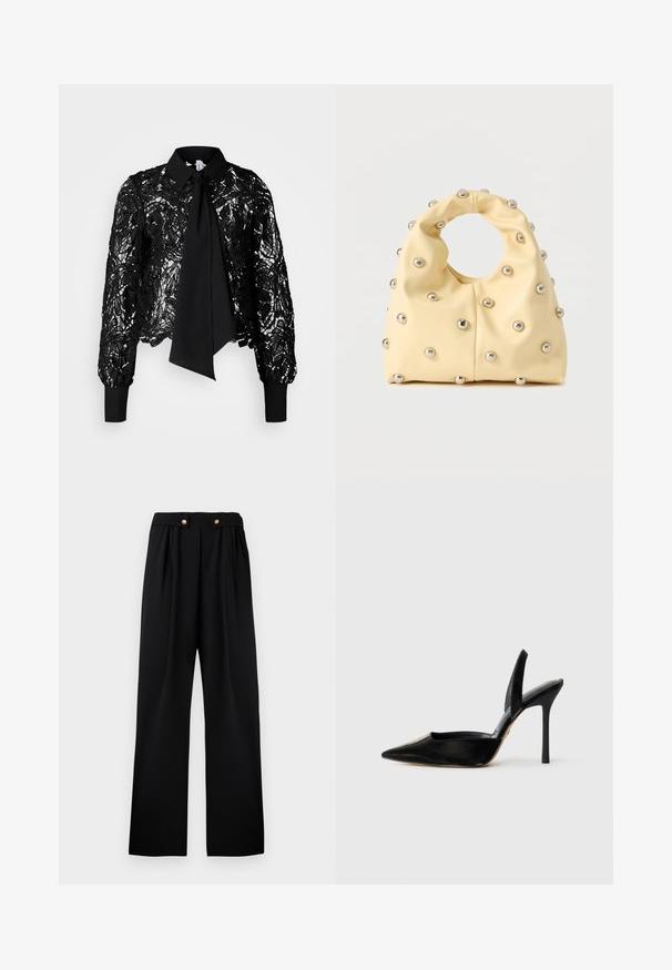 Vero Moda Tall VMEDA SHORT BOW SHIRT - Blouse - black; Zwarte geplooide broek met een hoge taille, voorzien van twee goudkleurige knopen aan de voorkant, gemaakt van een gladde, gestructureerde stof.; Zwarte leren hoge hak schoen met een spitse neus, open zijkant en slanke stilettohak. Gladde textuur met een glanzende afwerking.; Zachte gele handtas met een ronde handgreep, versierd met gelijkmatig geplaatste kleine zilveren metalen studs op een glad oppervlak.