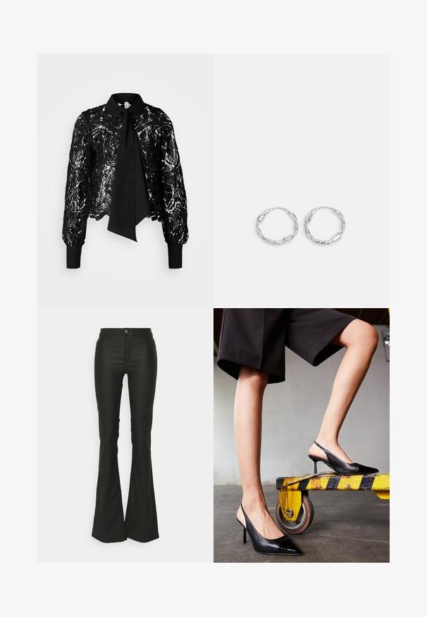 Vero Moda Tall VMEDA SHORT BOW SHIRT - Blusa - black; ONLY Tall ONLGAIA ROCK LIFE - Pantalones - black; Zapatos de tacón negro tipo slingback con puntera afilada, que presentan una tapa de charol brillante. Tacón stiletto, diseño de cuero liso y una silueta minimalista.; Pendientes de aro plateados con textura ondulada e irregular. Presentan una forma circular delgada y un acabado reflectante.