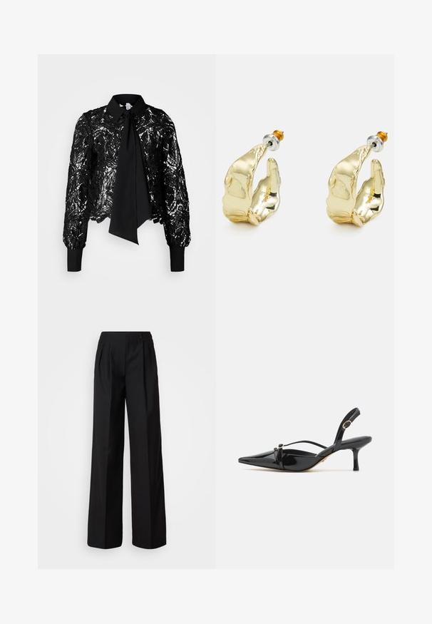 Vero Moda Tall VMEDA SHORT BOW SHIRT - Blusa - black; Pantalones de pierna ancha negros, hechos de material suave, con pliegues en el frente y una cinturilla con dos botones para el cierre.; ALDO MARIETTA PILLOW WALK - Tacones - black; Pendientes en tono dorado con forma de manos abstractas, que presentan una superficie brillante, detalles intrincados y un poste de plata y oro para un ajuste seguro.