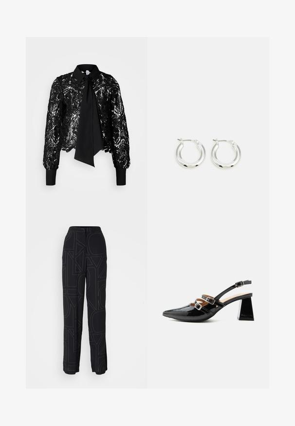 Vero Moda Tall VMEDA SHORT BOW SHIRT - Blouse - black; Zwarte broek met een gestructureerd ontwerp van grote letters in een contrasterende kleur, met een ontspannen pasvorm en wijde benen. Elastische tailleband zichtbaar.; Zwarte lakleren slingback hak met twee voorste gespsluitingen en een stevige, uitlopende hak van 6 cm op een effen lichte achtergrond.; Zilveren oorbellen in de vorm van een ring met een gepolijste afwerking, met een cirkelvorm en een scharnierende postsluiting. Glad oppervlak met minimale details.
