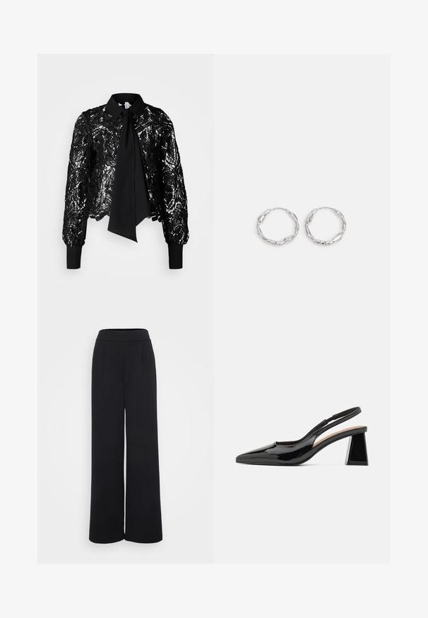 Vero Moda Tall VMEDA SHORT BOW SHIRT - Blouse - black; ONLY Tall ONLNEW KLARA EVI LIFE CLEAN - Broek - black; Zwarte gepatineerde slingback hakken met een spitse neus, voorzien van een unieke geometrische blokhak en een gladde textuur. Verstelbare band voor ondersteuning.; Zilveren hoepel oorbellen met een golvende, onregelmatige textuur. Kenmerken een dunne, ronde vorm en een reflecterende afwerking.