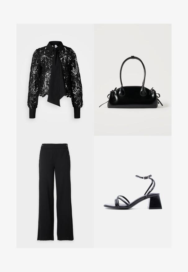 Vero Moda Tall VMEDA SHORT BOW SHIRT - Blusa - black; Pantalones negros de pierna ancha con cintura alta y botones decorativos en la parte delantera y los laterales.; Sandalia negra con tiras, abierta en la punta, con hebilla en el tobillo y tacón cuadrado, vista lateral sobre un fondo claro y liso.; Pequeño bolso negro brillante con dos asas largas y detalles de cordón lateral sobre un fondo claro liso.