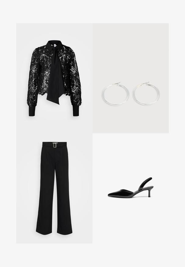 Vero Moda Tall VMEDA SHORT BOW SHIRT - Blouse - black; Zwarte wijde broek gemaakt van lichtgewicht stof, met een gladde textuur, voorplooien en een riem met een vierkante metalen gesp.; Zwarte gepolijste leren slingback hakken met een puntige neus, een lage stiletto hak en een elegant, eenvoudig ontwerp zonder versieringen.; Een paar glanzende zilveren oorringen met dunne draadafsluitingen, getoond op een lichtgrijze achtergrond.