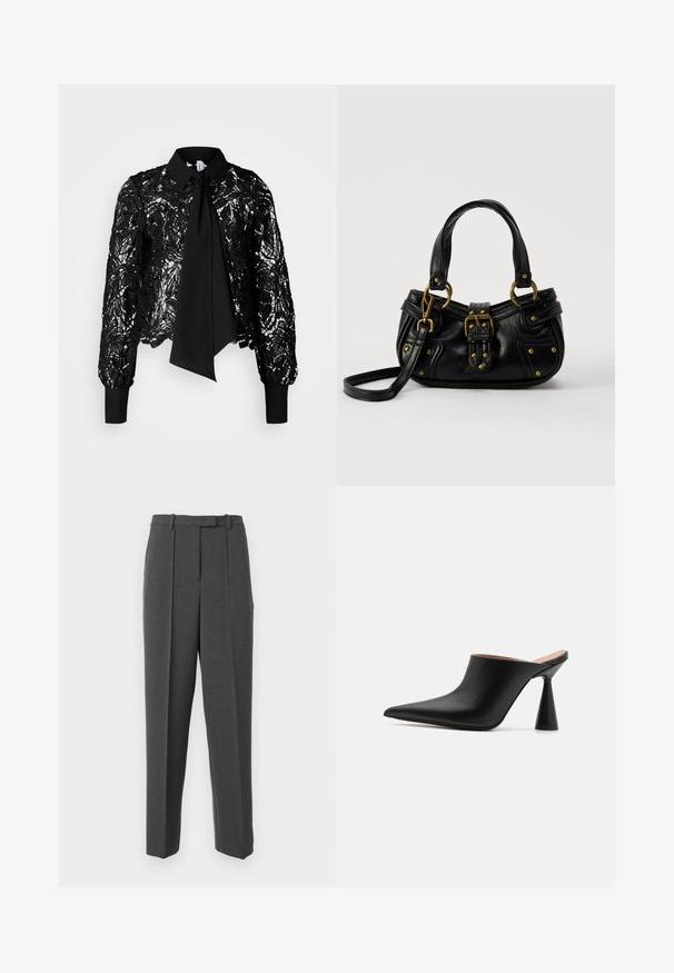 Vero Moda Tall VMEDA SHORT BOW SHIRT - Blouse - black; Grijze op maat gemaakte broeken met een gladde textuur, voorzien van voorplooien, een recht gesneden ontwerp en een standaard tailleband met riemlussen.; Zwarte leren muiltjes met een spitse neus en een unieke kegelvormige hak. Glad oppervlak en minimalistisch ontwerp, open achterkant voor gemakkelijk aan- en uittrekken.; Zwarte leren handtas met gouden gesp en klinknagel details, korte handvatten en een verstelbare schouderriem op een effen witte achtergrond.