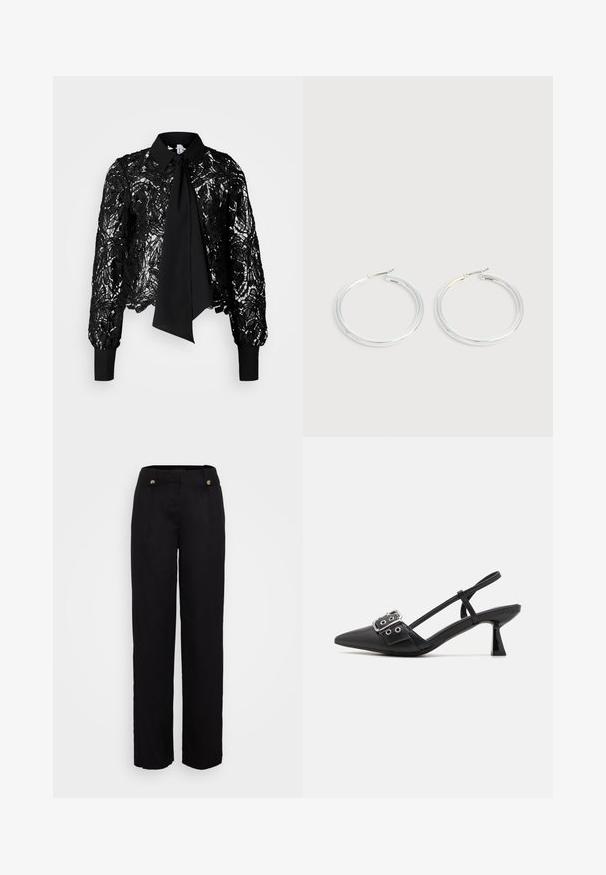 Vero Moda Tall VMEDA SHORT BOW SHIRT - Blouse - black; Zwarte, wijde broek met een gladde stof. Bevat twee knopen aan de voorkant en een hoge taille. Subtiele plooien versterken de structuur.; Simmi London DALA - Klassieke pumps - black; Een paar glanzende zilveren oorringen met dunne draadafsluitingen, getoond op een lichtgrijze achtergrond.