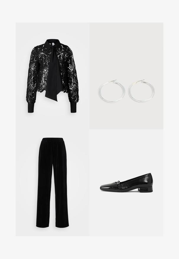 Vero Moda Tall VMEDA SHORT BOW SHIRT - Blusa - black; Pantalones negros, largos y de piernas anchas, hechos de una tela suave y esponjosa con una cintura elástica. Textura lisa y color sólido, sin patrones ni acentos visibles.; Bailarinas de charol negro con punta afilada, tacón cuadrado bajo y un pequeño detalle de hebilla metálica en la correa. Textura suave.; Pareja de pendientes de aro plateados brillantes con cierres de alambre delgado, mostrados sobre un fondo gris claro.