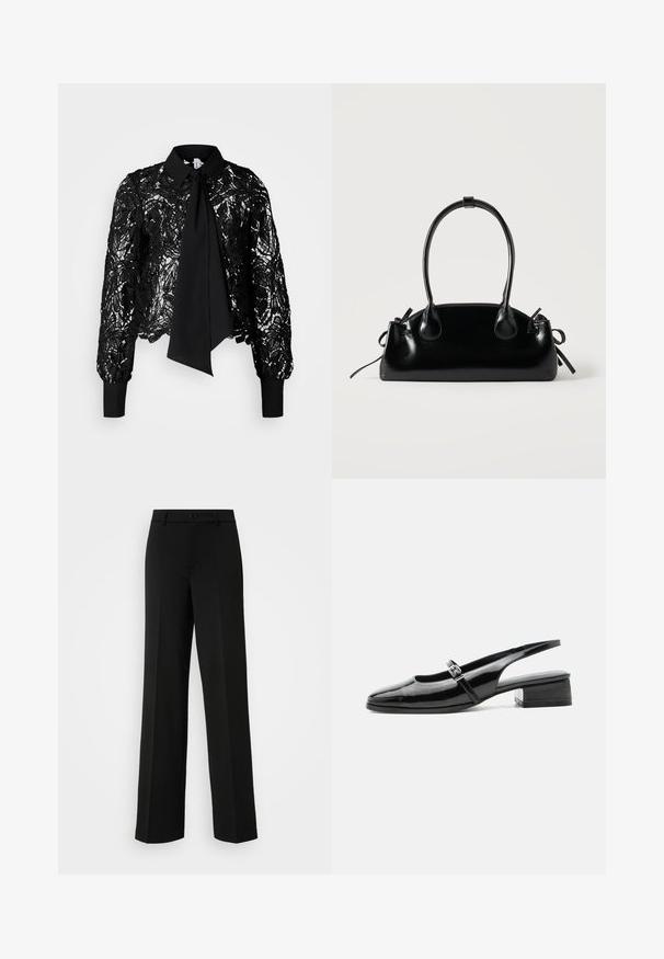 Vero Moda Tall VMEDA SHORT BOW SHIRT - Blouse - black; ONLY Tall ONLPEACH LIFE WIDE - Broek - black; Zwarte lakleren slingback schoen met een lage blokhak en een dunne band met zilveren gesp bovenop.; Kleine zwarte glanzende handtas met twee lange hengsels en zijkant trekkoord details op een effen lichte achtergrond.