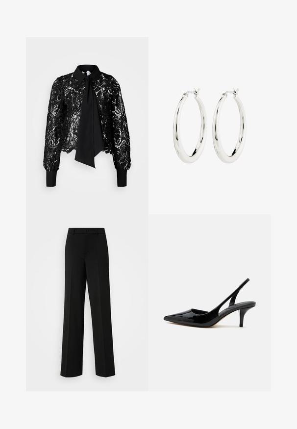 Vero Moda Tall VMEDA SHORT BOW SHIRT - Blusa - black; ONLY Tall ONLPEACH LIFE WIDE - Pantalones - black; Zapato slingback de charol negro con tacón kitten, punta afilada y tacón bajo y delgado sobre fondo blanco.; Pendientes de aro de plata con un acabado suave y brillante. Forma circular, con un cierre seguro. Diseño sencillo y elegante.