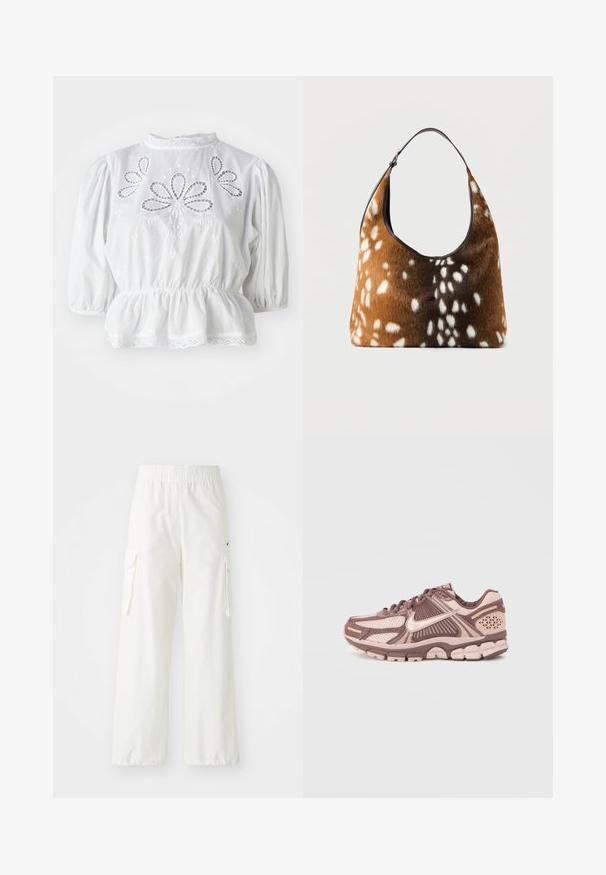 Blouse blanche avec des manches bouffantes, des découpes brodées sur le corsage, une taille peplum, et une dentelle en bordure du col et de l'ourlet.; Pantalons cargo blancs avec un design à jambes larges, dotés d'une taille élastique et de poches latérales. Tissu texturé avec une finition lisse.; Chaussures de course légères dotées d'une tige en mesh aux nuances roses et brunes, avec des accents texturés et une semelle amortissante.; Sac à main marron et noir avec une texture en fourrure blanche tachetée, doté d'une seule bandoulière noire, sur un fond uni.