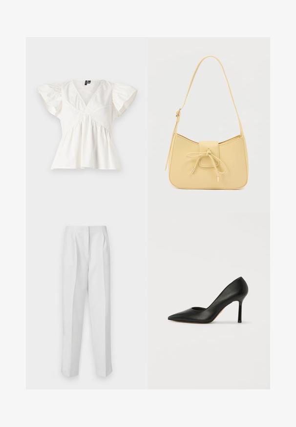 Blusa de algodón blanca con escote en V, mangas cortas abullonadas y tela fruncida en la cintura para un ajuste relajado. Diseño limpio, sin patrones.; Pantalones blancos a medida con corte recto, que cuentan con pinzas en la parte delantera, dos bolsillos laterales y una cinturilla limpia para un aspecto pulido.; Bailarina negra de cuero con tacón alto, puntera afilada y un esbelto tacón de aguja. La parte superior presenta una textura suave y sin adornos.; Pequeño bolso beige de hombro con correa ajustable y solapa frontal atada con un cordón delgado que termina en puntas de metal sobre un fondo blanco.