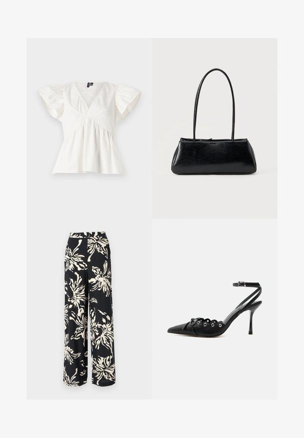 Blusa de algodón blanca con escote en V, mangas cortas abullonadas y tela fruncida en la cintura para un ajuste relajado. Diseño limpio, sin patrones.; Pantalones de pierna ancha en tela negra con un gran patrón floral en color crema. El diseño incluye una cintura alta y una silueta fluida.; Zapato de tacón alto negro con punta fina, bordes ondulados, ojales metálicos, cordones delanteros y una correa en el tobillo con cierre de hebilla.; Bolso de hombro rectangular negro con correas largas y delgadas y una textura lisa y brillante sobre un fondo liso.