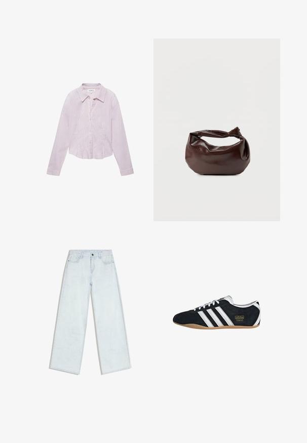 Chemise à manches longues boutonnée à rayures verticales rose clair et blanches, avec col et poignets, ourlet légèrement raccourci.; Jean bleu clair à jambes larges avec fermeture à boutons et fermeture éclair sur le devant, passants pour ceinture et style cinq poches, posé à plat sur un fond blanc.; Sneakers en suede noir avec trois bandes blanches, logo doré et semelle en caoutchouc marron. Présente un design à lacets à profil bas.; Sac bandoulière en cuir marron foncé avec une forme souple et décontractée et une anse nouée torsadée sur un fond blanc uni.