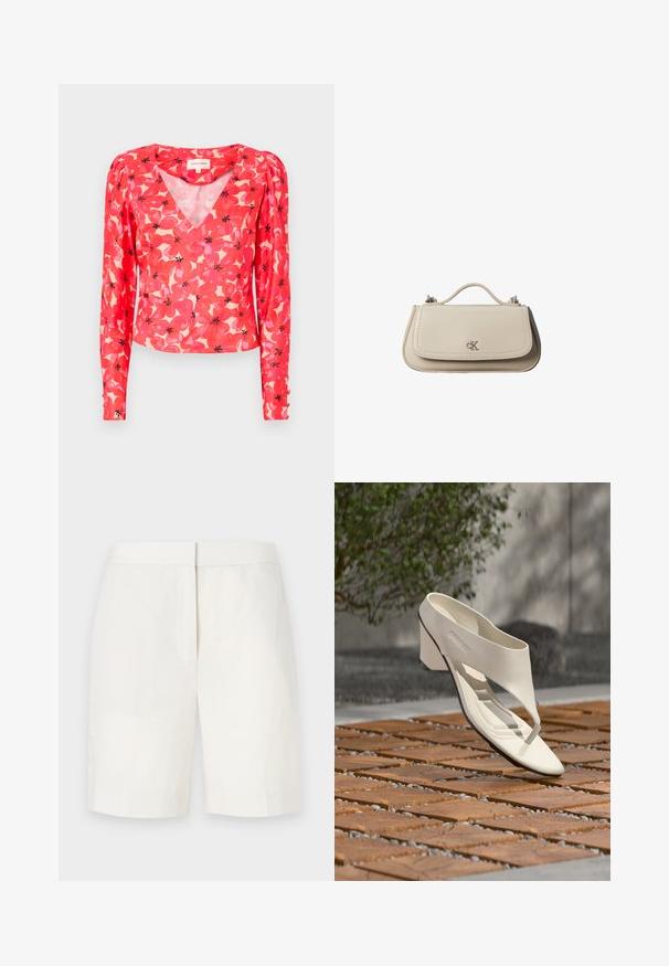 Blouse rouge à manches longues avec un décolleté en V, ornée de motifs de fleurs roses et noires sur un fond clair. Fabriquée en tissu léger et transparent.; Shorts en coton blancs avec une coupe droite, un devant plat et une texture subtile. Ils présentent une taille et pas de poches visibles. Design simple.; Sandale à talon en cuir blanc avec une large bride et un entre-doigts, exposée en extérieur sur une surface carrelée en bois et en gravier avec de la verdure en arrière-plan.; Petit sac à main en cuir beige avec poignée supérieure et logo CK argenté sur le rabat avant, présenté sur fond blanc.