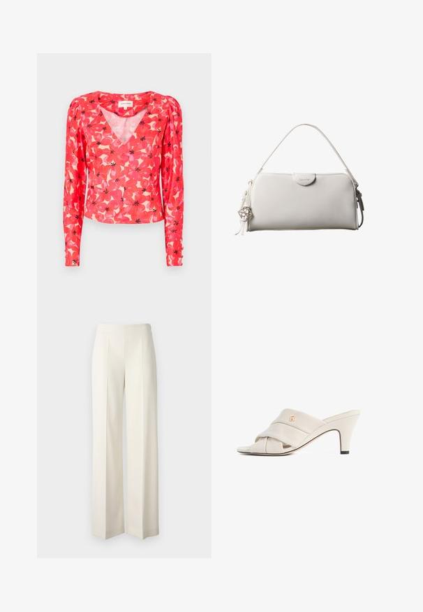 Blouse rouge à manches longues avec un décolleté en V, ornée de motifs de fleurs roses et noires sur un fond clair. Fabriquée en tissu léger et transparent.; Pantalons larges blancs en tissu lisse avec plis avant. Conçus avec une taille haute et une finition soignée.; Mules à talons hauts beiges avec un design de bride en cuir torsadé, bout ouvert et motif de logo en relief. Le talon présente un détail d'embout noir.; Sac à main rectangulaire blanc Calvin Klein avec une seule poignée, design minimaliste et pampilles décoratives avec un charm métallique géométrique sur le côté.