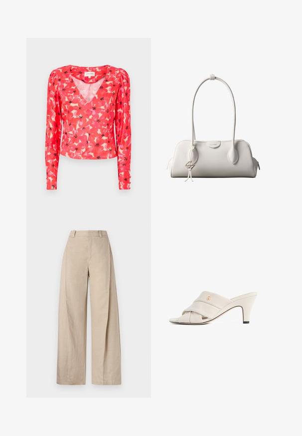 Blouse rouge à manches longues avec un décolleté en V, ornée de motifs de fleurs roses et noires sur un fond clair. Fabriquée en tissu léger et transparent.; Pantalons larges en lin beige à taille haute, avec une texture lisse et des lignes épurées, conçus pour un ajustement décontracté.; Mules à talons hauts beiges avec un design de bride en cuir torsadé, bout ouvert et motif de logo en relief. Le talon présente un détail d'embout noir.; Sac à bandoulière blanc Calvin Klein avec longues poignées, forme rectangulaire, fermeture éclair et charm logo décoratif suspendu près de la poignée.