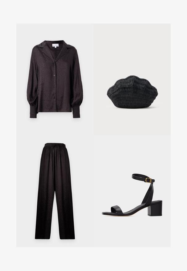 Blouse en satin noir avec un imprimé animal subtil, fermeture à boutons et coupe ample. Dotée de manches bouffantes et de détails smockés aux poignets.; Pantalons larges noirs avec taille élastique et texture léopard subtile, présentant un cordon de serrage à l'avant.; Sandale noire à bout ouvert avec talon bloc et bride à la cheville ornée d'une petite boucle en or, vue de côté sur un fond uni.; Sac à main en osier noir en forme de coquille Saint-Jacques avec un dessus courbé et une texture tressée sur un fond uni.