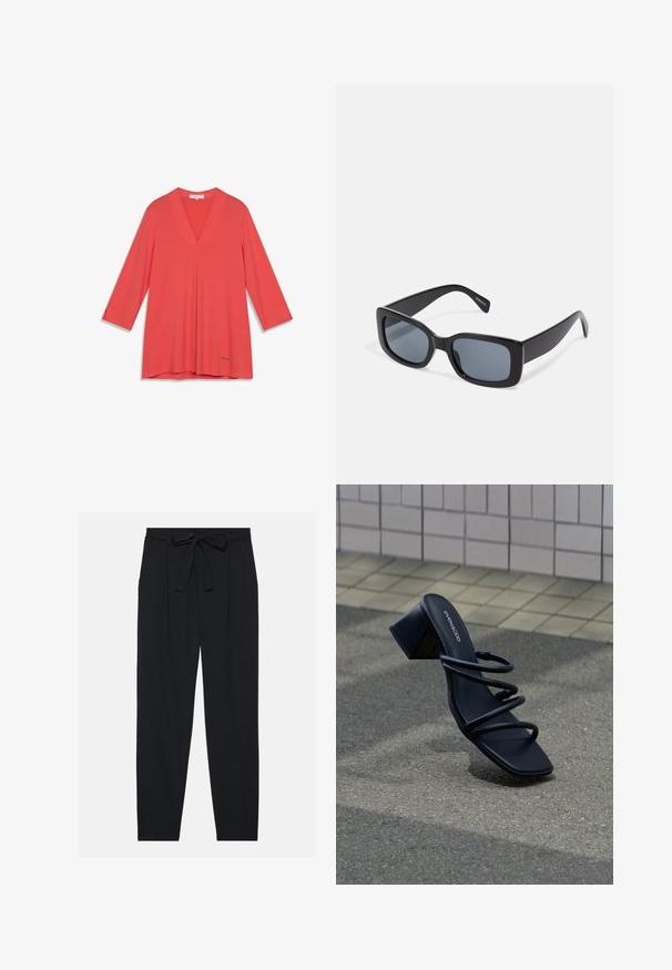 Tunique corail à col en V avec manches trois-quarts, en tissu lisse, arborant un discret logo près de l'ourlet.; Pantalon noir en tissu léger. Dispose d'une taille avec un lien, de plis et d'une coupe fuselée. Pas de poches visibles.; Sandale noire à bout carré, trois fines brides et talon bloc sur un trottoir près d'un mur carrelé.; Lunettes de soleil rectangulaires noires avec des verres teintés foncés, monture en plastique épaisse et branches larges. Surface lisse et design angulaire.