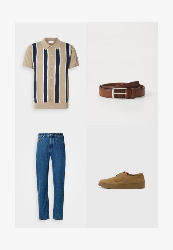 Tan polo med korte ærmer, navy og hvide lodrette striber, frontknaplukning og en klassisk krave. Blødt strikket stof.; Blå lige ben denim jeans med fem lommer og frontlukning med knap på en hvid baggrund.; Brun ruskindslærredsko med snørebånd og flad gummisål, set fra siden på en ensfarvet lys baggrund.; Brun læderbælte med en glat overflade, præget af en sølvfarvet metalspænde og diskret syning langs kanterne. Klassisk og holdbart design.