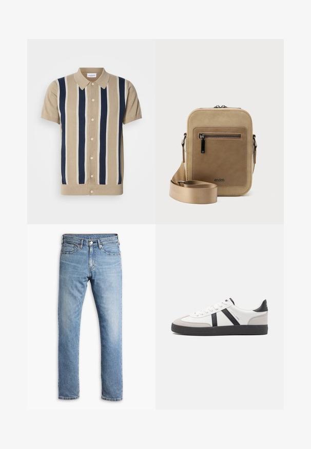 Kurzes Polohemd in Tan mit navyblauen und weißen vertikalen Streifen, Knopfleiste vorne und klassischem Kragen. Aus weichem Strickstoff.; Helltürkise Jeans aus Denim mit geradem Bein, fünf Taschen, kontrastierenden Nähten und einem Knopf- sowie Reißverschlussverschluss an der Taille.; Weiße Sneaker mit schwarz- und grau-aczenten, ausgestattet mit einer strukturierten grauen Zehenkappe, schwarzer Gummi-Sohle und flachen weißen Schnürsenkeln. Sauberes Design, minimalistische Stil.; Kleine beige Umhängetasche mit vorderer Reißverschlusstasche, metallischem ALDO-Logo, verstellbarem breitem Riemen und abgerundeter rechteckiger Form vor weißem Hintergrund.