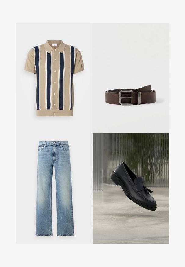 Kurzes Polohemd in Tan mit navyblauen und weißen vertikalen Streifen, Knopfleiste vorne und klassischem Kragen. Aus weichem Strickstoff.; Hellblaue Jeans mit geradem Bein, hohem Bund, fünf Taschen, Knopfverschluss und dezentem Verblassen an Oberschenkeln und Knien.; Schwarze Leder-Loafer mit glatter Textur, gerundeter Zehenpartie und dekorativen Quasten vorne. Flexible Gummisohle mit niedrigem Absatz.; Dunkelbrauner Leder-Gürtel mit silberner rechteckiger Schnalle, aufgerollt und gegen einen hellen neutralen Hintergrund platziert.