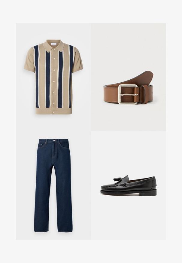 Tan korte mouw polo met marineblauwe en witte verticale strepen, voor knoopsluiting en een klassieke kraag. Zachte gebreide stof.; Donkerblauwe denim jeans met een rechte snit, vijf zakken en zichtbare stiksels. Voorzien van een knoopsluiting en riemlussen.; Zwarte leren instappers met moccasinstiksels, een ronde neus en een kwastaccent. Platte hak met een gladde textuur, ontworpen voor casual gebruik.; Bruine leren riem met een zilverkleurige rechthoekige gesp, met een gladde textuur en een licht taps toelopend uiteinde.