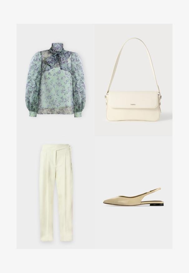 Blouse transparente à manches longues avec motif floral vert et violet, col montant et grand nœud au col.; Pantalon taille haute couleur crème, coupe ajustée avec plis, fermeture latérale et jambes droites, sur fond uni.; Chaussure plate beige à bout pointu avec bride arrière, petit talon noir et finition en cuir lisse, vue de côté sur un fond uni.; Sac à bandoulière en cuir couleur crème avec fermeture à rabat, quincaillerie argentée, une bandoulière réglable et un logo discret.