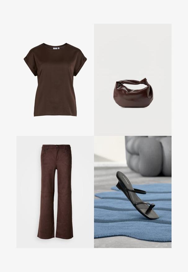 Top marrón de manga corta con un escote redondo, confeccionado en tela suave, con mangas enrolladas y un corte relajado. Etiqueta de la marca visible.; Pantalones de campana marrones en un tejido suave y parecido al ante. Presentan cuatro bolsillos, un cierre de botón y una superficie lisa y texturizada.; Sandalia negra con tiras y lazo para el dedo en una alfombra texturizada azul, con un gran objeto decorativo gris desenfocado en el fondo.; Bolso de hombro de cuero marrón oscuro con una forma suave y caída, y un asa con nudo torcido sobre un fondo blanco liso.