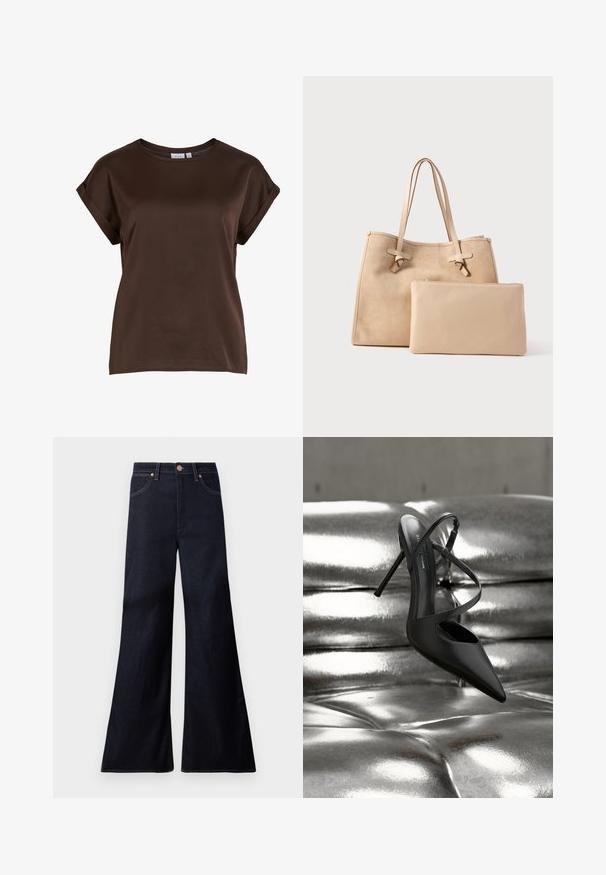 Brun kortærmet top med rund halsudskæring, lavet af glat stof, med opsmøgede ærmer og en afslappet pasform. Brandmærke synligt.; Mørke indigoblå høj-taljede denimjeans med vidde ben, frontknap, lynlåslukning og to forlommer med kobbernitter.; Sort spids tå stilet hæl med krydsede stropper, hvilende på en skinnende sølvfarvet polstret læderoverflade.; Beige ruskindstaske med to håndtag og en flad lynlåspung i matchende materiale, med glat tekstur og minimalistisk design.