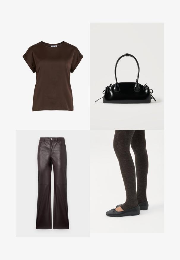Top marrón de manga corta con un escote redondo, confeccionado en tela suave, con mangas enrolladas y un corte relajado. Etiqueta de la marca visible.; Pantalones de imitación de cuero marrón oscuro con estampado de cocodrilo, diseño de pierna acampanada, con bolsillos frontales y cierre de botón plateado.; Piernas con leggings oscuros acanalados combinados con bailarinas negras que presentan pequeños detalles de lazo sobre un fondo blanco.; Pequeño bolso negro brillante con dos asas largas y detalles de cordón lateral sobre un fondo claro liso.