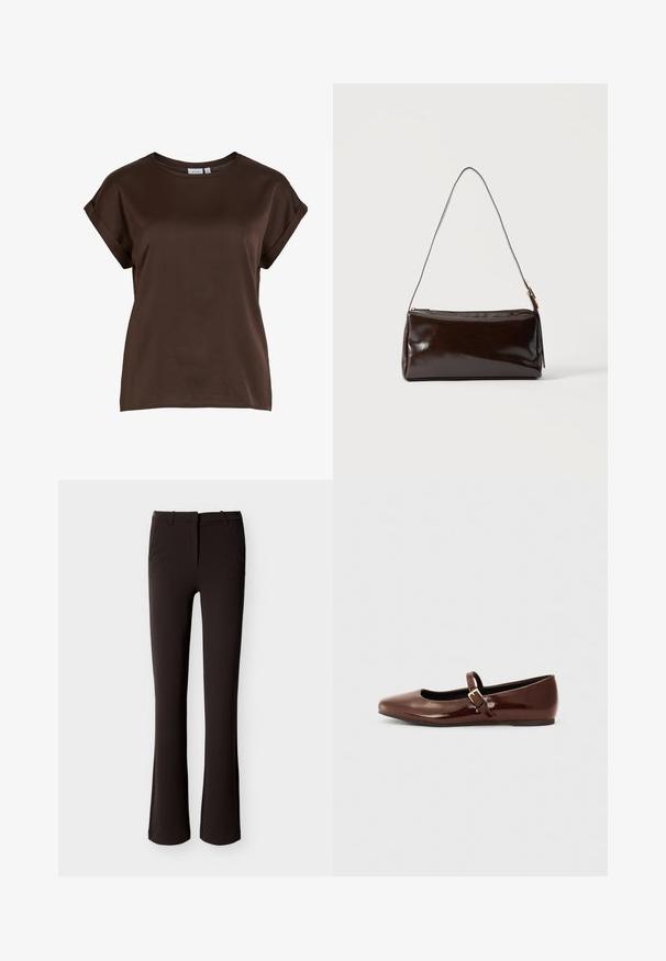 Top marrón de manga corta con un escote redondo, confeccionado en tela suave, con mangas enrolladas y un corte relajado. Etiqueta de la marca visible.; Pantalones negros ajustados con ligero vuelo, cremallera frontal y presillas para cinturón, mostrados extendidos sobre un fondo blanco.; Bailarina de charol marrón con punta cuadrada y tira que presenta una pequeña hebilla dorada. Textura suave, tacón bajo y diseño minimalista.; Bolso de hombro rectangular de cuero marrón oscuro con una única correa delgada y hebilla dorada sobre un fondo liso.