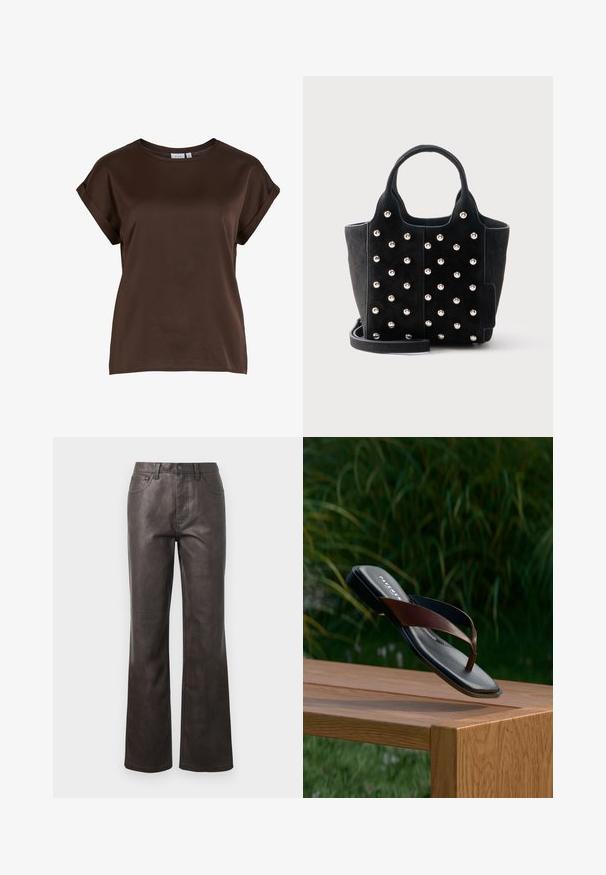 Bruine, korte mouwen top met een ronde halslijn, gemaakt van gladde stof, met opgerolde mouwen en een relaxte pasvorm. Merkenlabel zichtbaar.; Bruine leren broek met een hoge taille, rechte pijp, zichtbare stikselaccenten en vijf zakken. Gladde textuur, minimale glans.; Bruine leren teenslipper met een zwarte zool, met een slank ontwerp en verhoogde bandjes, tentoongesteld op een houten oppervlak tegen een achtergrond van groen.; Zwarte suède handtas met ronde zilveren studs, twee korte handvatten en een afneembare schouderriem op een witte achtergrond.
